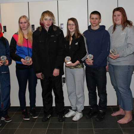 Viðurkenningar fyrir stigahæstu sund. Nanna Björk, Kári, Júlía Rún, Birkir, Júlía Ýr, Freysteinn, Guðný Halla, Jón Gunnar.