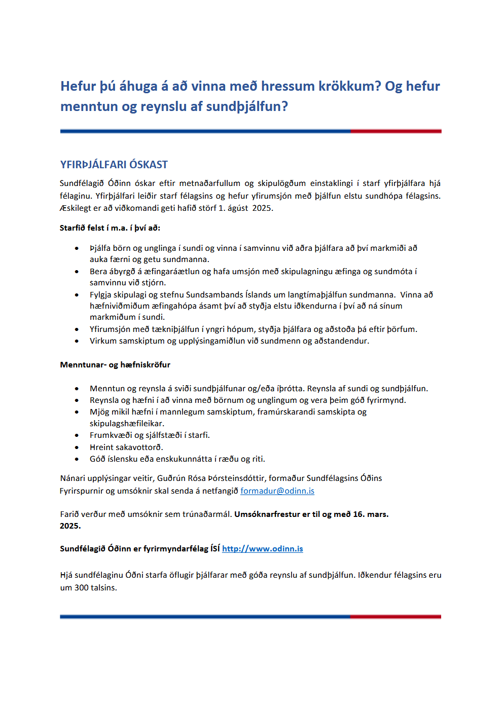 Yfirþjálfari óskast í Sundfélagið Óðin