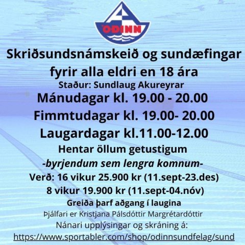 Skriðsundsnámskeið og sundæfingar fyrir alla eldri en 18 ára