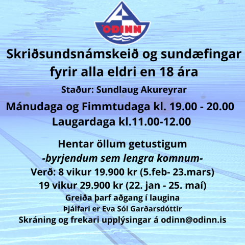Skriðsundnámskeið og sundæfingar fyrir alla eldri en 18 ára.
